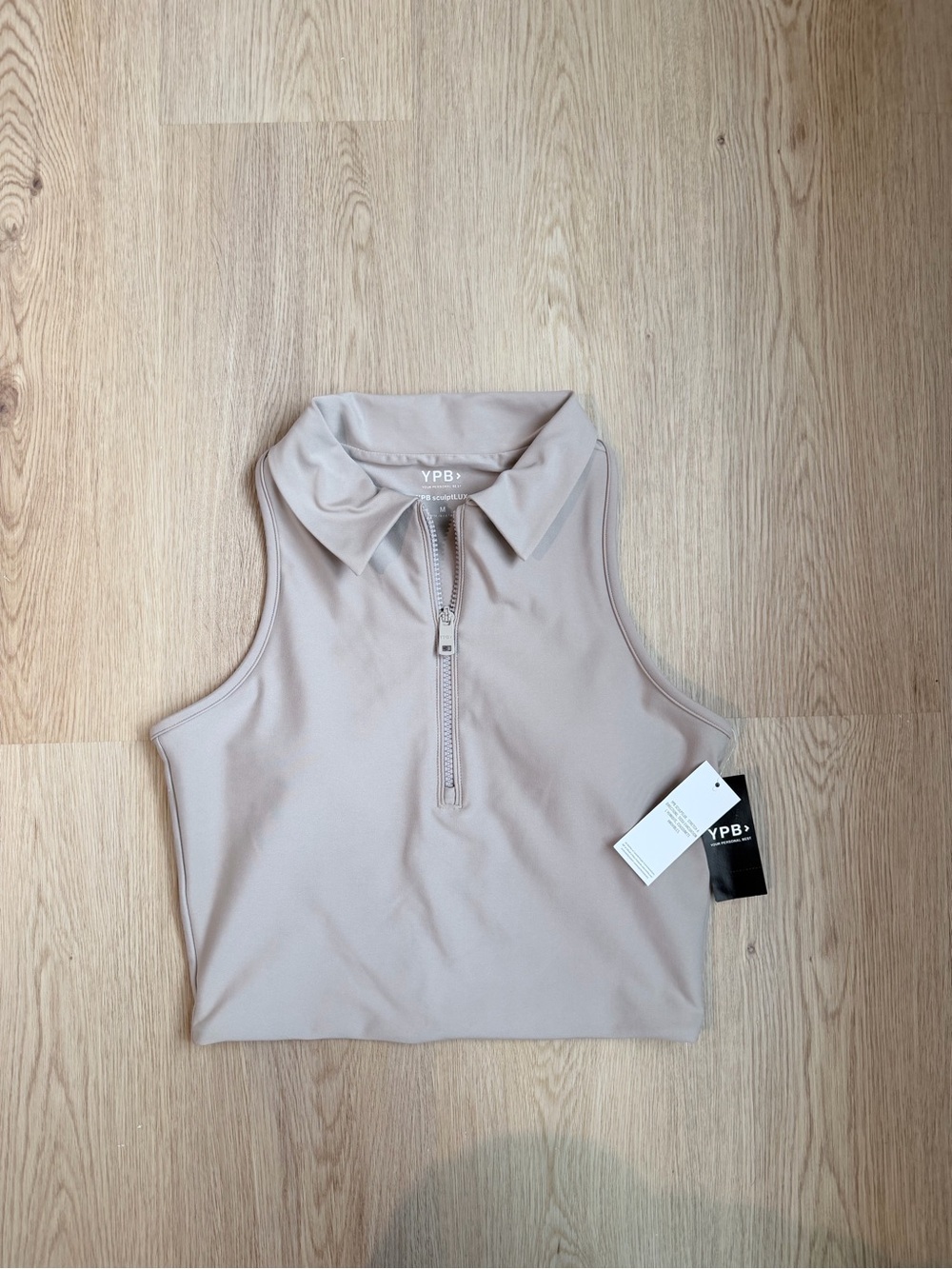 YPB Sleeveless Zip Polo Crop Top in Light Taupe